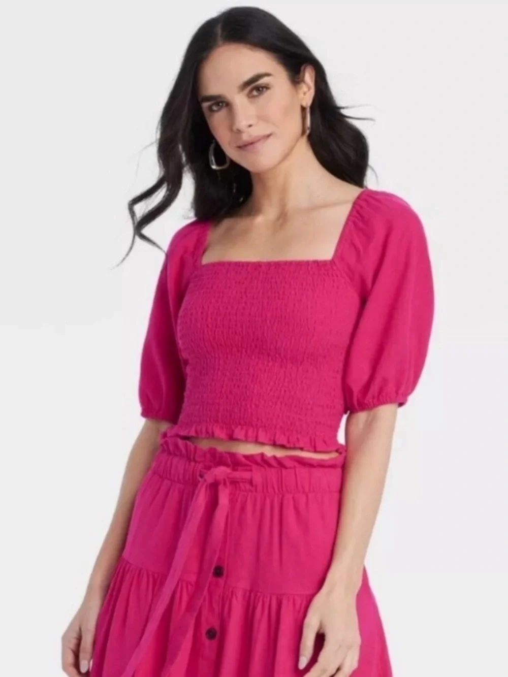 Linen Blend Off-Shoulder Smocked Crop & Midi Skirt Set in Fuchsia Pink
